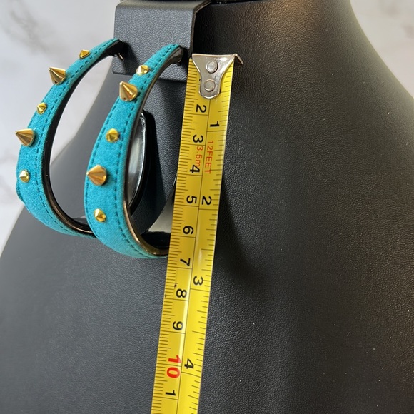2 3/4 inch Earrings-Fabulous Statement Teal Studded TearDrop Hoop Faux Suede - Picture 6 of 9